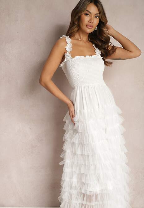 Biała Koktajlowa Sukienka Maxi z Tiulowymi Falbankami Amiusa