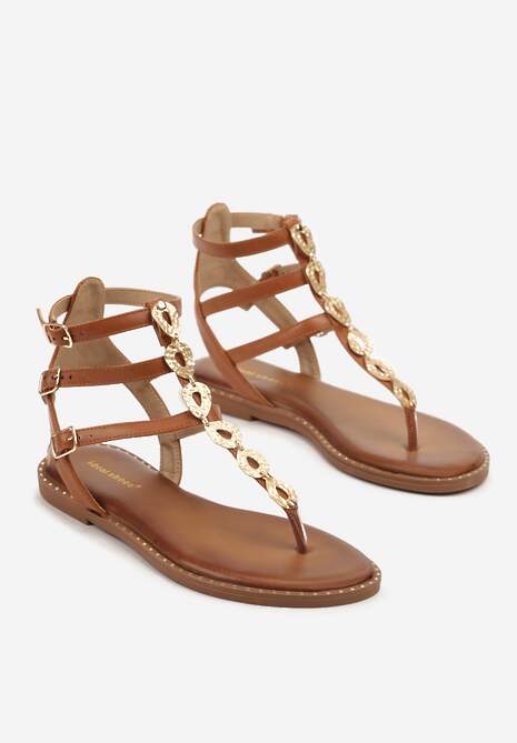 Jasnobrązowe Sandały Rzymianki Ozdobione Metalicznymi Aplikacjami Ciarivra