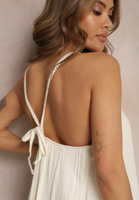 Beżowa Sukienka z Wiskozy na Ramiączkach Zdobiona Cekinami i Metaliczną Nitką Beloe