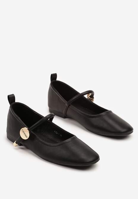 Czarne Balerinki z Kwadratowym Noskiem i Ozdobnym Paskiem Firmio