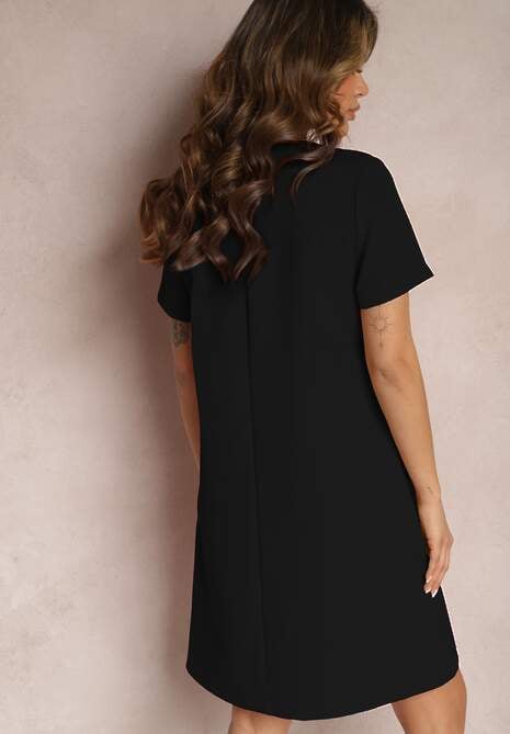 Czarna Trapezowa Sukienka Mini z Krótkim Rękawem i Kieszeniami Vrea