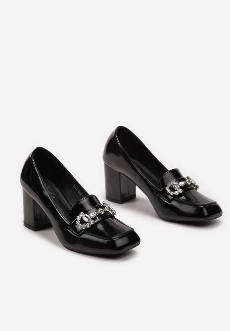 Czarne Lakierowane Czółenka na Słupku z Biżuteryjną Klamerką Teneril