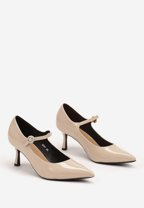 Beżowe Czółenka na Obcasie Kaczuszka ze Szpiczastym Noskiem i Ozdobnym Paseczkiem Dailithe