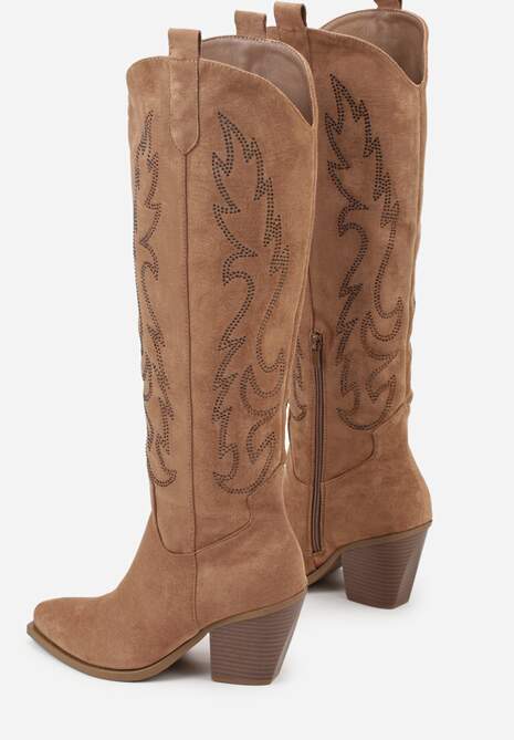 Jasnobrązowe Kozaki Kowbojki na Stożkowym Obcasie Zdobione Cyrkoniami Nalera