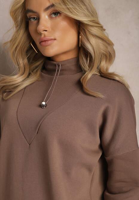 Brązowa Ocieplana Bluza Bawełniana z Półgolfem Heraia