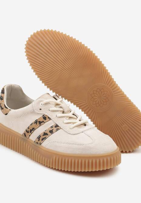 Beżowe Zamszowe Sneakersy w Stylu Kultowych Tenisówek ze Skórzaną Wkładką i Wzorem w Panterkę Tenannia