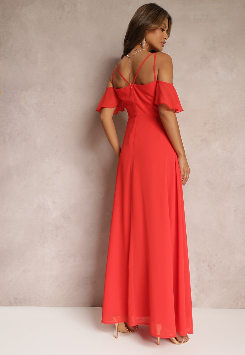 Czerwona Rozkloszowana Sukienka Maxi o Kopertowym Fasonie na Cienkich Ramiączkach Burwena