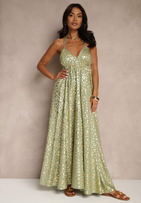 Zielona Wiskozowa Sukienka Halter Zdobiona Metalicznym Nadrukiem w Panterkę Linaruna