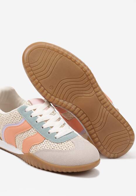 Beżowo-Pomarańczowe Sneakersy z Geometrycznym Motywem i Plecionką Laniffia