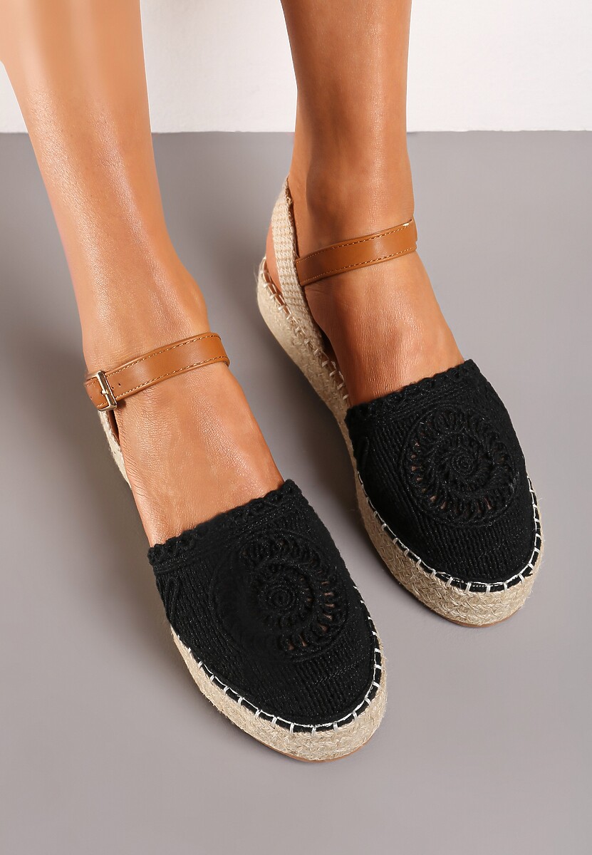 Czarne Espadryle na Niskiej Platformie z Plecionki Zapinane na Sprzączkę Riskada
