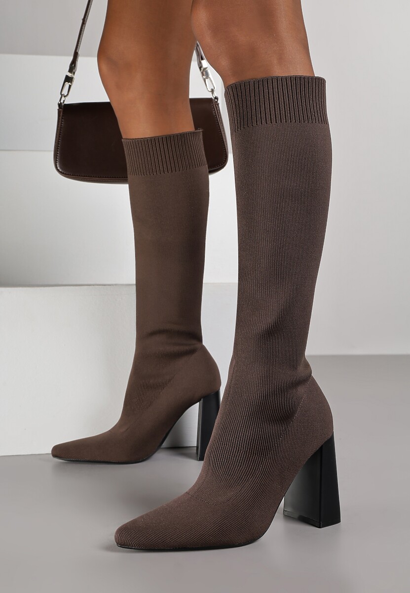 Brązowe Kozaki VICES na Słupku ze Skarpetkową Cholewką Zevona