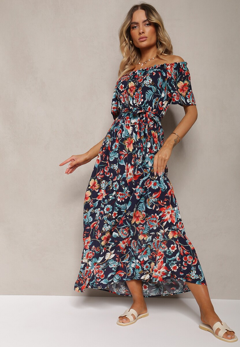Granatowa Bawełniana Sukienka Hiszpanka Wiązana w Talii w Kwiatowy Wzór Risarrae