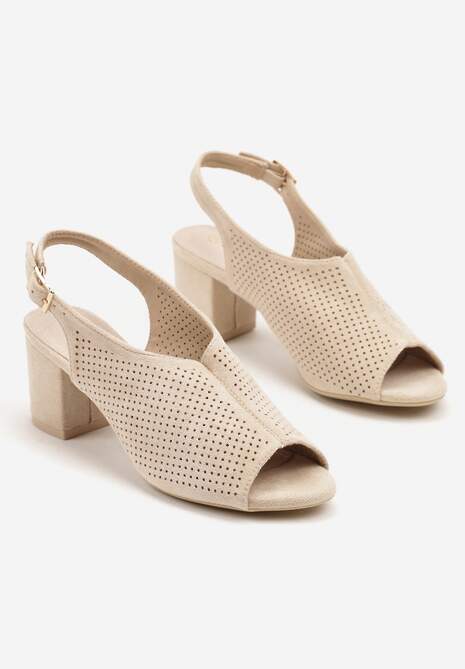 Beżowe Sandały na Słupku ze Skórzaną Wkładką i Ażurową Cholewką Telesetia