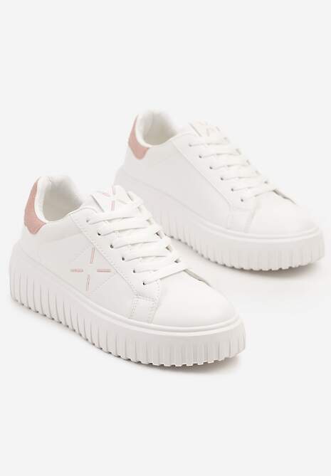 Biało-Różowe Sneakersy na Platformie z Tłoczeniem i Brokatową Wstawką Nuselin