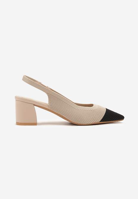 Beżowe Sandały na Słupku Typu Slingback z  Kontrastowym Noskiem Udivira