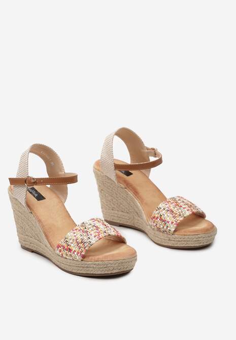 Beżowo-Różowe Sandały na Koturnie z Plecionki ze Sprzączką przy Kostce Storea