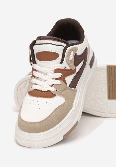 Ciemnobeżowe Sneakersy Ozdobione Wstawkami i Perforacją z Imitacji Skóry Cressia