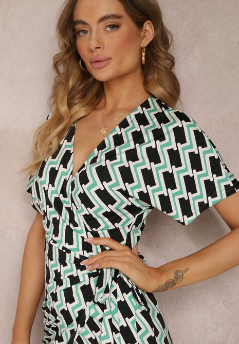 Jasnozielona Kopertowa Sukienka Wiązana w Pasie w Geometryczny Wzór  Aphrosia