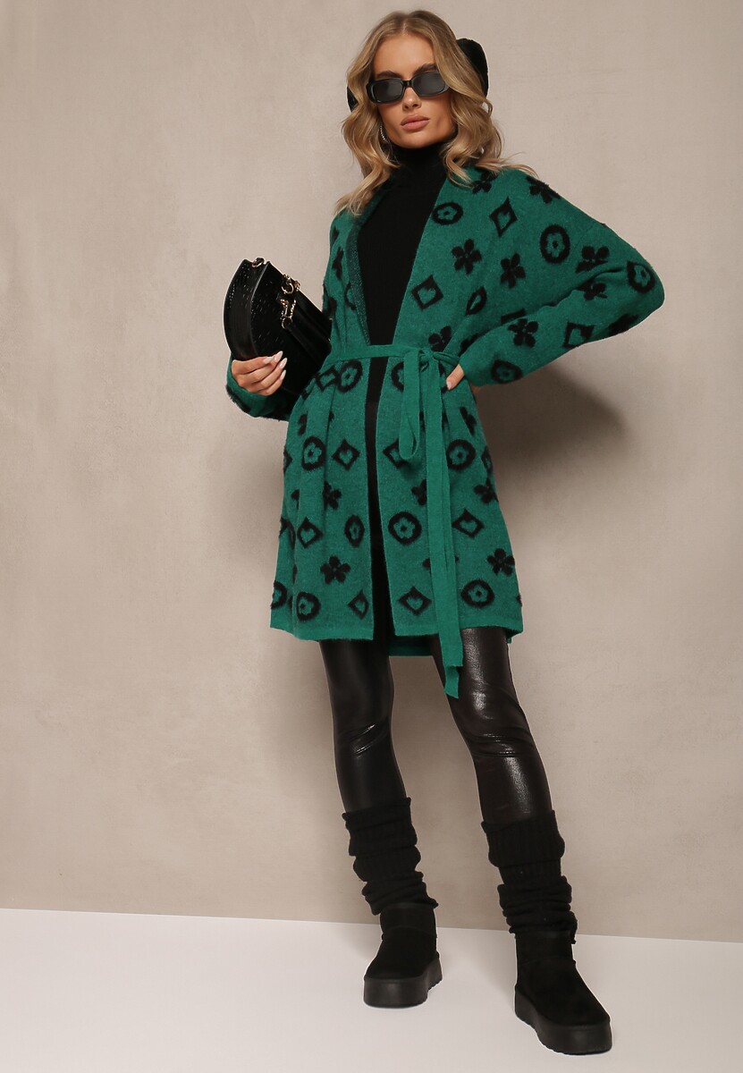 Zielony Kardigan z Wiązanym Paskiem Ozdobiony Wzorem w Kwiaty Timonen