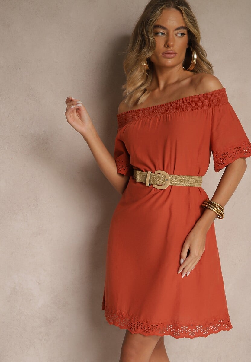 Czarna Sukienka o Kroju Hiszpanki z Bawełny z Ażurowymi Zdobieniami Filviana