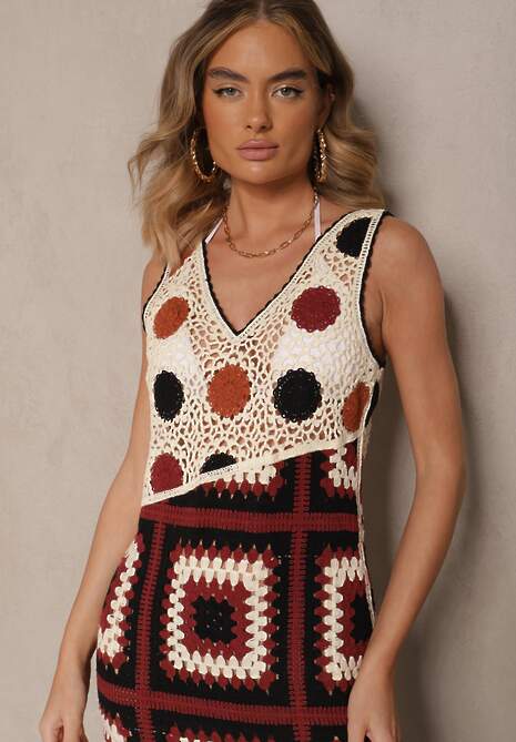 Beżowo-Brązowa Szydełkowa Sukienka z Bawełny o Dopasowanym Fasonie Atenissa