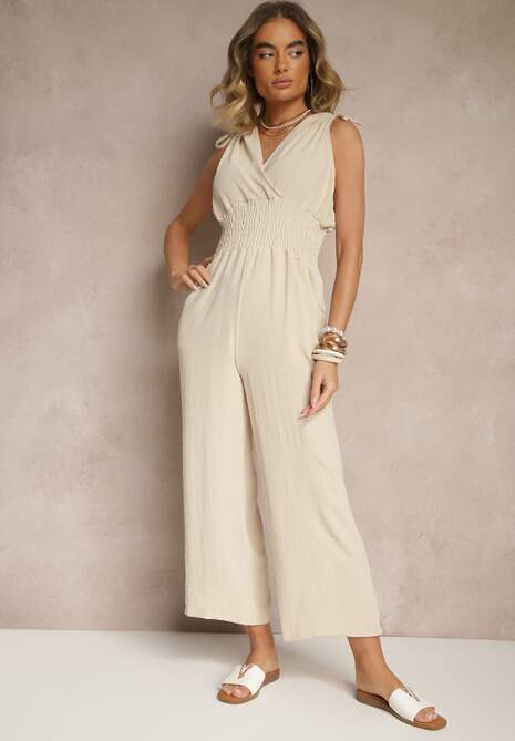 Beżowy Taliowany Kombinezon z Bawełną i Kopertowym Dekoltem Lunimas