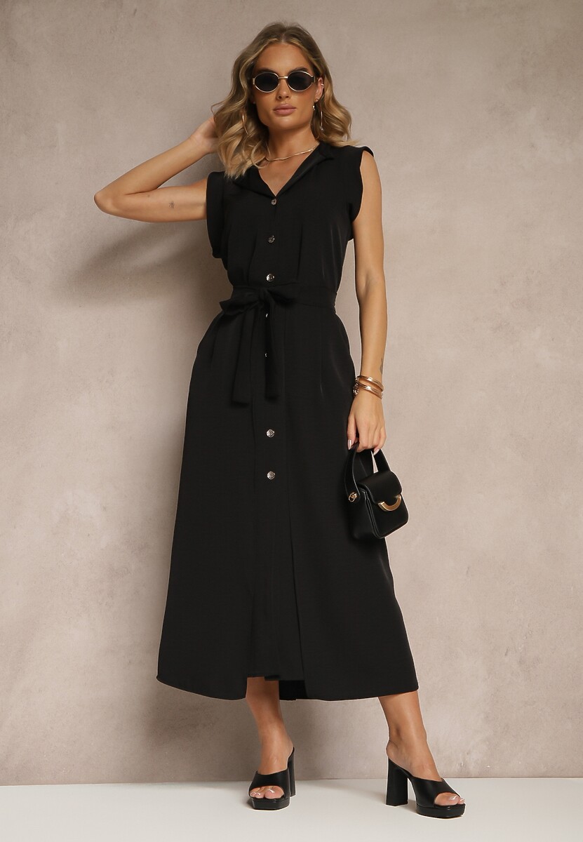 Czarna Sukienka z Paskiem Koszulowa o Rozkloszowanym Fasonie Mavoselle