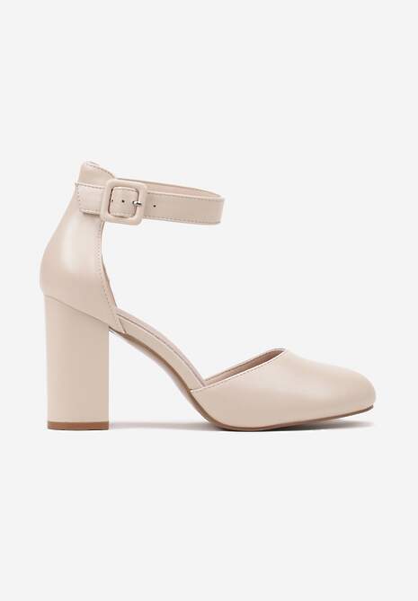 Jasnobeżowe Czółenka na Obcasie Typu Słupek ze Skórzaną Wkładką i Paseczkiem Wokół Kostki Belandria