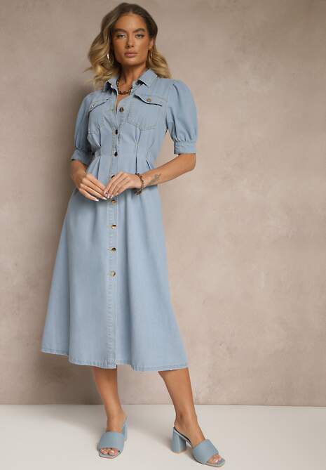 Jasnoniebieska Jeansowa Sukienka Koszulowa z Bufiastymi Rękawami i Paskiem Evirona