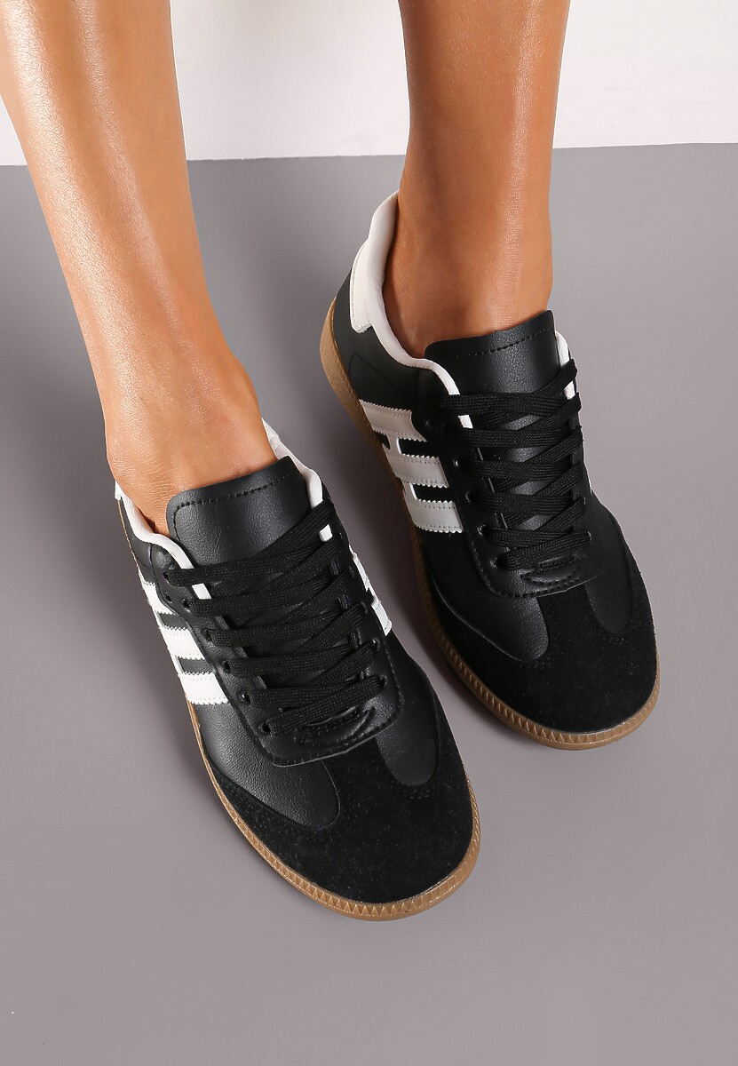 Czarno-Białe Casualowe Sznurowane Sneakersy na Płaskiej Podeszwie z Paskami po Bokach Weiara