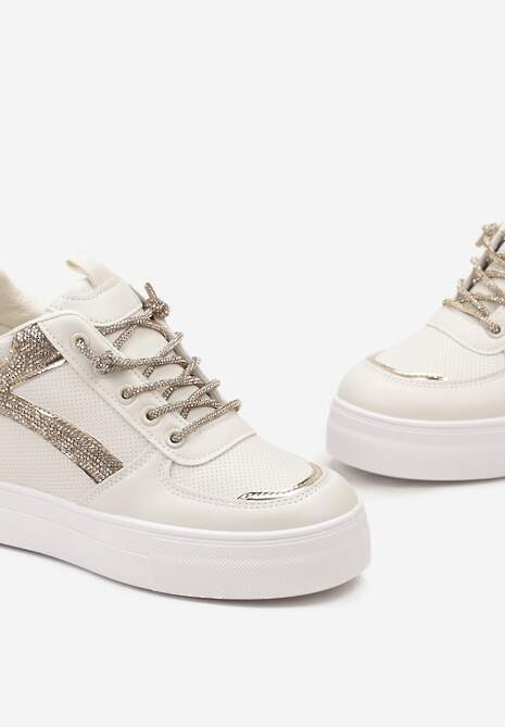 Beżowe Sneakersy z Perforacją i Cyrkoniami na Ukrytym Koturnie Sylhina