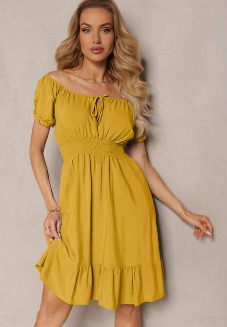 Żółta Sukienka z Wiskozy z Gumkami w Talii i Dekoltem ze Ściągaczem Tiimazela