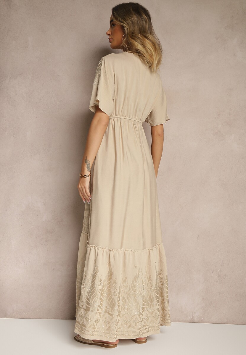 Beżowa Wiskozowa Sukienka Boho o Kopertowym Kroju z Metalicznym Haftem Redeselle