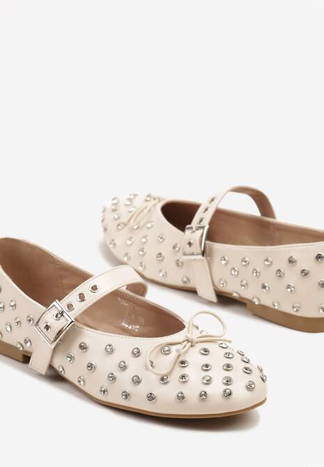 Beżowe Balerinki z Ozdobnymi Nitami i Kokardą Ridiante