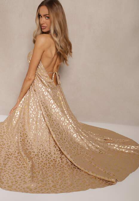 Beżowa Wiskozowa Sukienka Halter Zdobiona Metalicznym Nadrukiem w Panterkę Linaruna