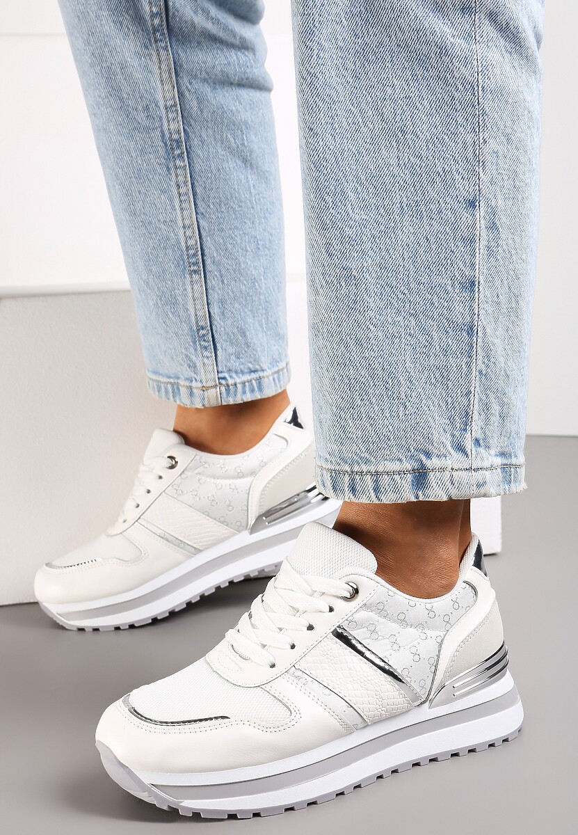 Białe Sneakersy na Podeszwie z Pianki ze Sznurowaniem i Błyszczącymi Detalami Weline