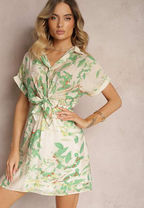 Beżowo-Zielona Sukienka z Wiązaniem w Talii Ozdobiona Abstrakcyjnym Printem Namsalia