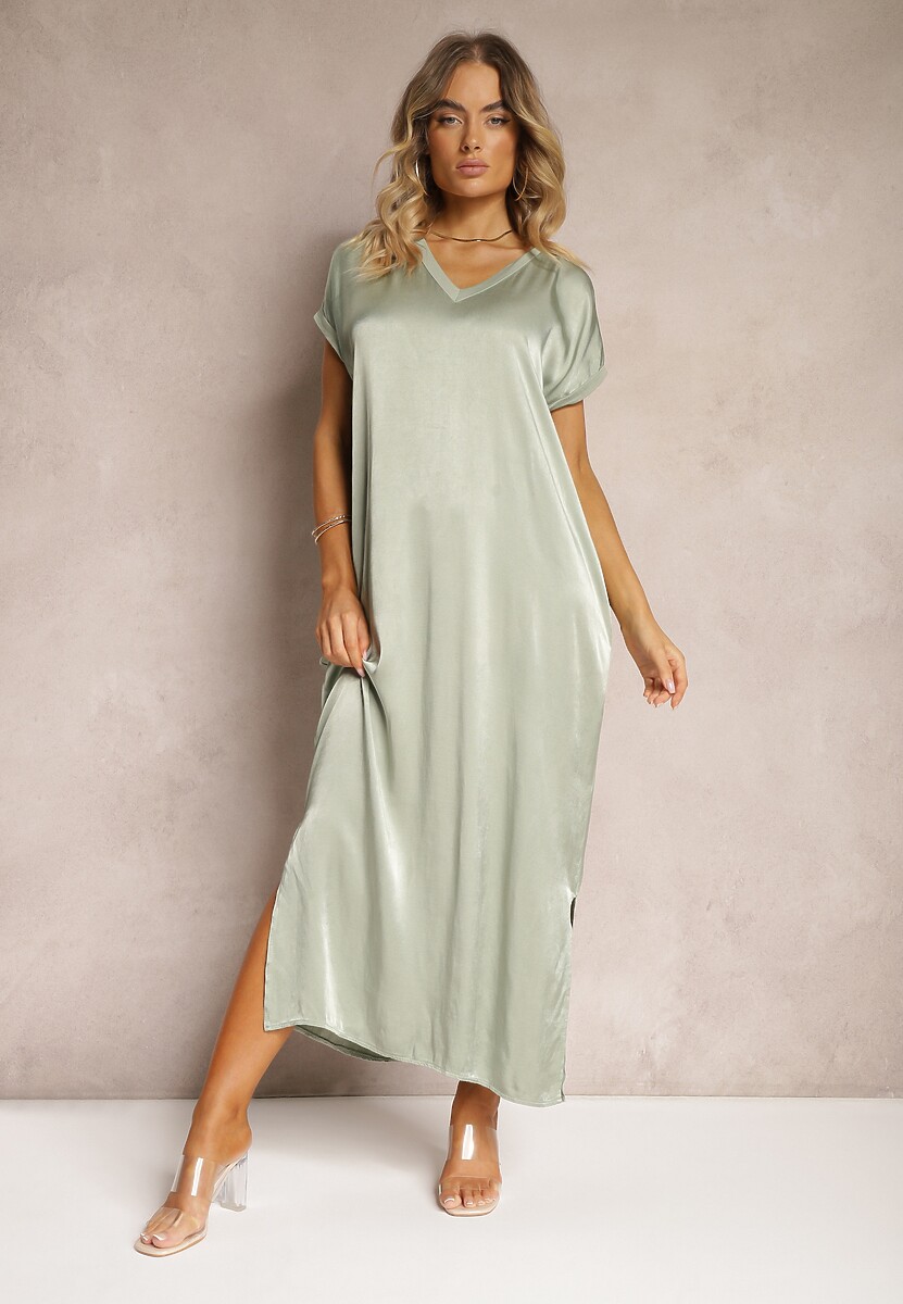 Jasnozielona Casualowa Sukienka z Wiskozy Oversize o Pudełkowym Kroju Morarose