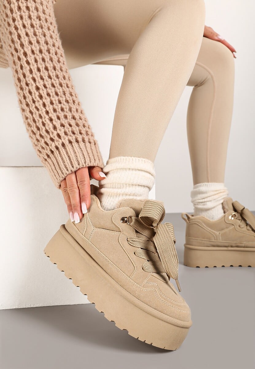 Ciemnobeżowe Sneakersy Vices na Platformie Obszyte Futerkiem Naleris