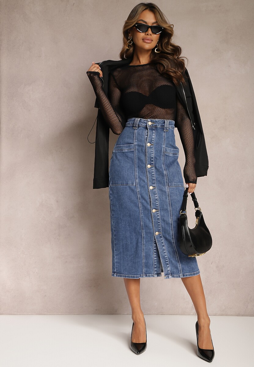 Niebieska Jeansowa Spódnica Midi Zapinana na Guziki Mimmera