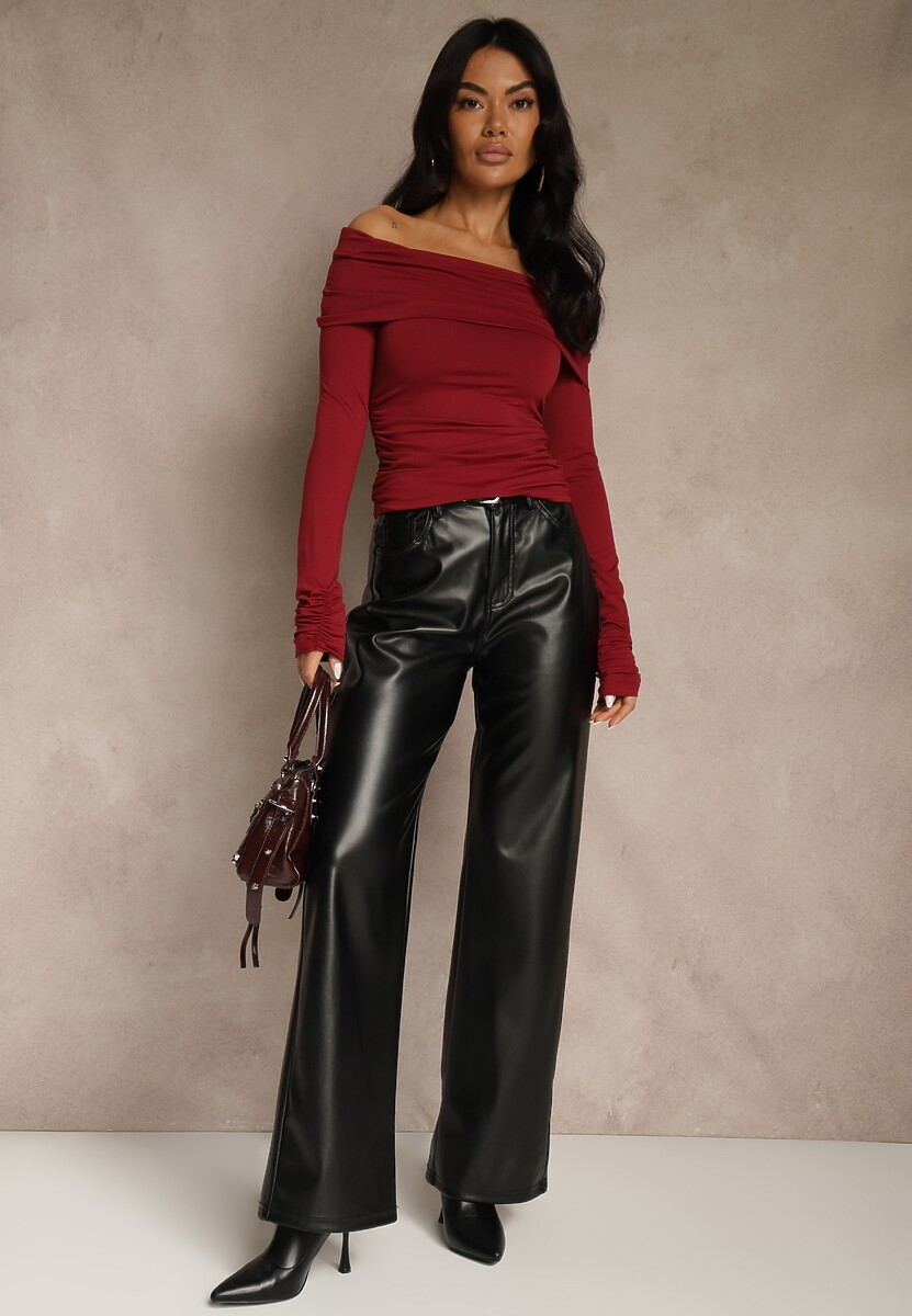 Bordowa Marszczona Bluzka Hiszpanka Vices z Wywiniętym Dekoltem Termola