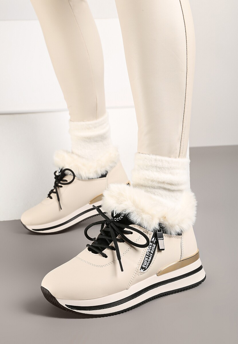 Beżowe Sznurowane Botki Sneakersy z Futerkiem Gameda