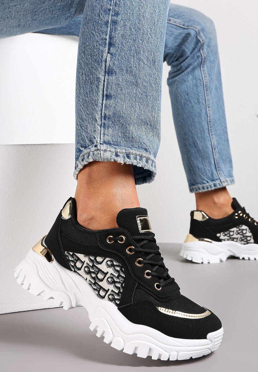 Czarne Sneakersy z Wstawkami na Grubej Podeszwie Trenta