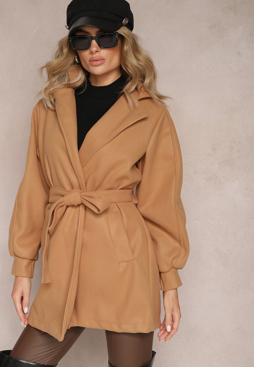 Ciemnobeżowy Płaszcz z Wiązanym Paskiem i Bufiastym Rękawem Agnage