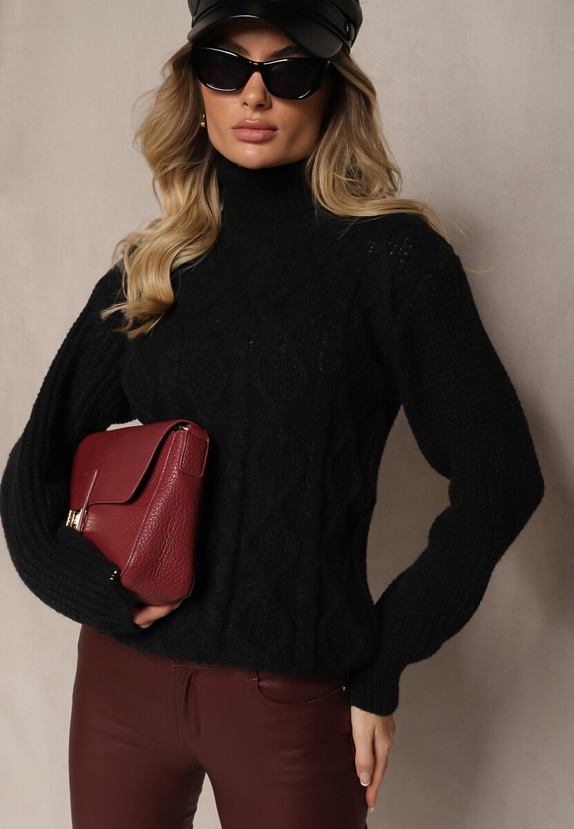 Czarny Golf z Wełną ze Ściągaczem i Ozdobnym Splotem Miarenn