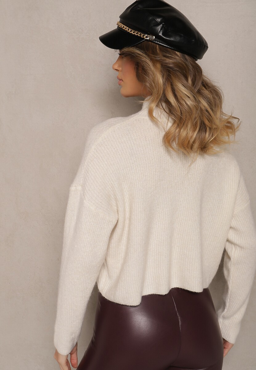 Jasnobeżowy Golf z Wełną o Kroju Oversize z Kwiatem 3D i Cekinami Zolimi