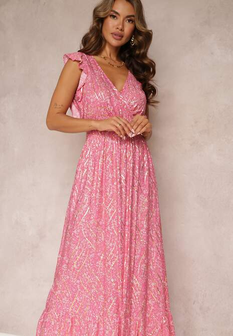 Ciemnoróżowa Sukienka Maxi z Metaliczną Aplikacją Wykonana z Wiskozy Akella