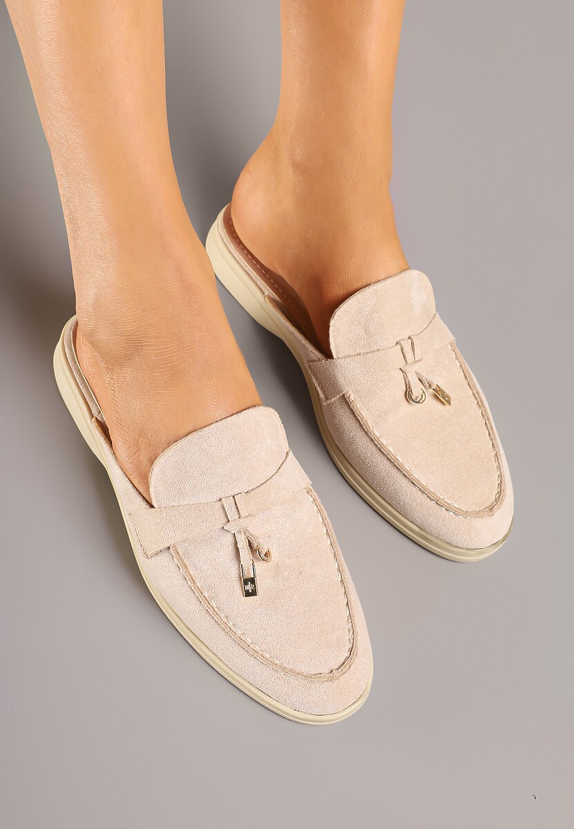 Beżowe Klapki Mule Ozdobione Metaliczną Aplikacją Sepirella