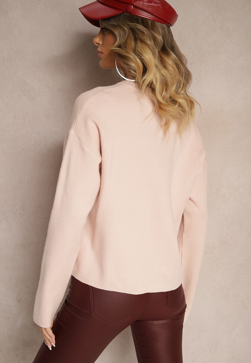 Jasnoróżowy Pudełkowy Sweter Zdobiony Wzorzystą Kieszonką Zeanila