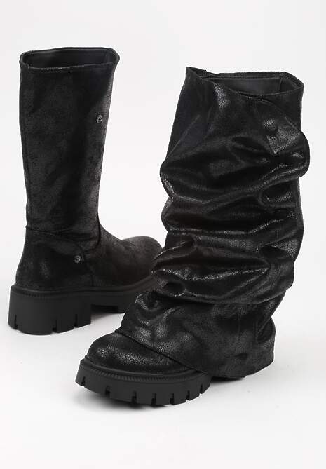 Czarne Botki na Platformie Ozdobione Wywiniętą Cholewką Nenalea
